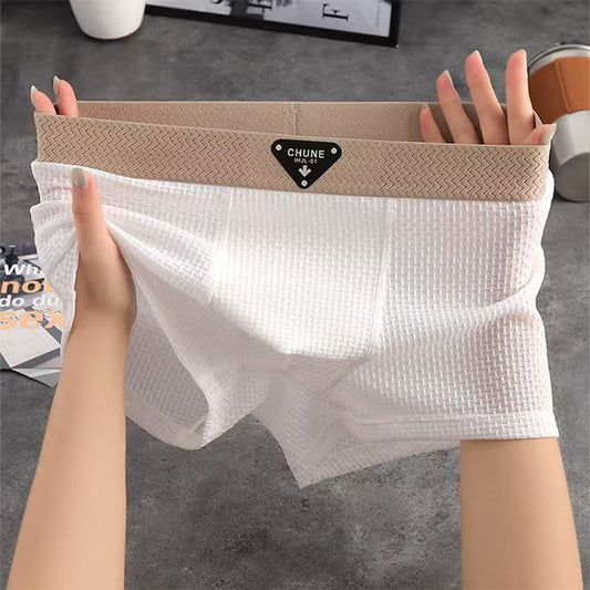 Men\'s textured solid color ice silk mid-rise boxer shorts
