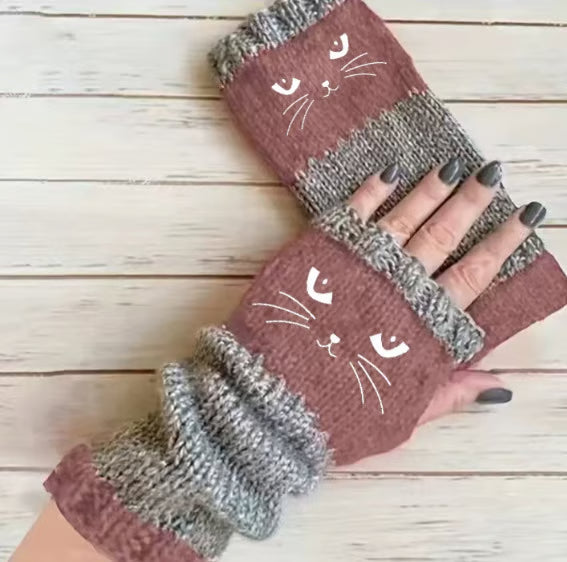 🔥Winter Hot Sale🎁Cat Knitted Embroidery Fingerless Gloves - Cosy, Stylish, Casual Winter Wear