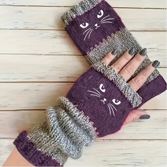 🔥Winter Hot Sale🎁Cat Knitted Embroidery Fingerless Gloves - Cosy, Stylish, Casual Winter Wear