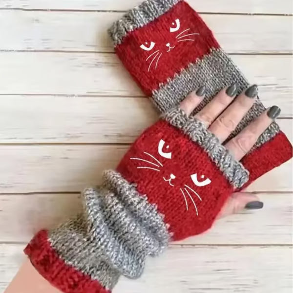 🔥Winter Hot Sale🎁Cat Knitted Embroidery Fingerless Gloves - Cosy, Stylish, Casual Winter Wear